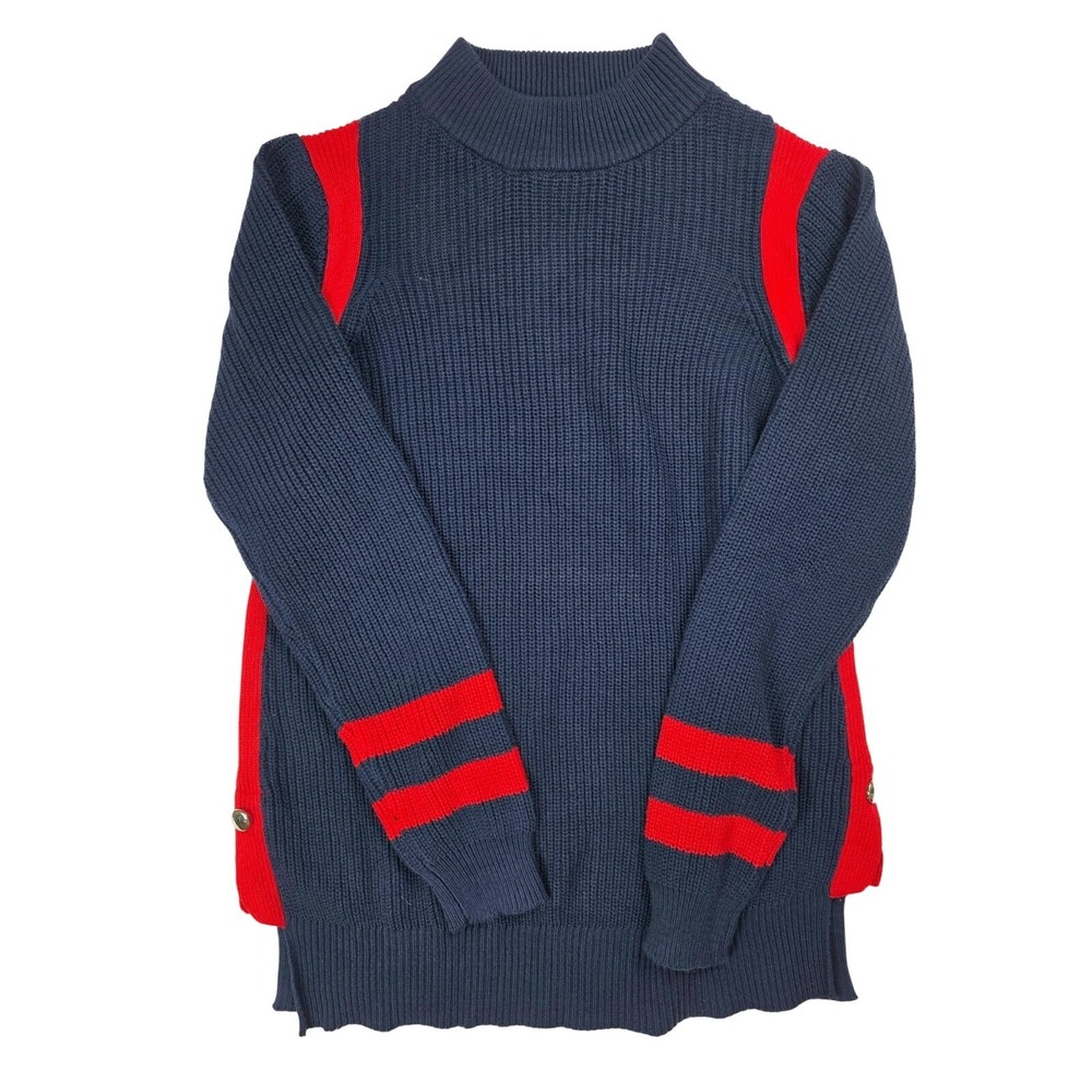 Ellos Navy & Red Striped Side Button Mock Neck Pullover Sweater Women's Size S